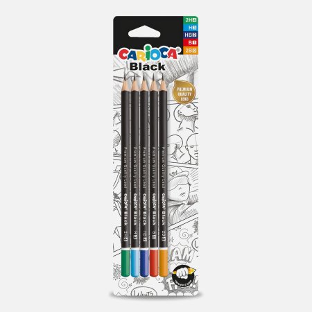 Creioane - Set creioane grafit Carioca Black, 5 duritati pentru desen tehnic si schite, 2H, H, HB, B, 2B