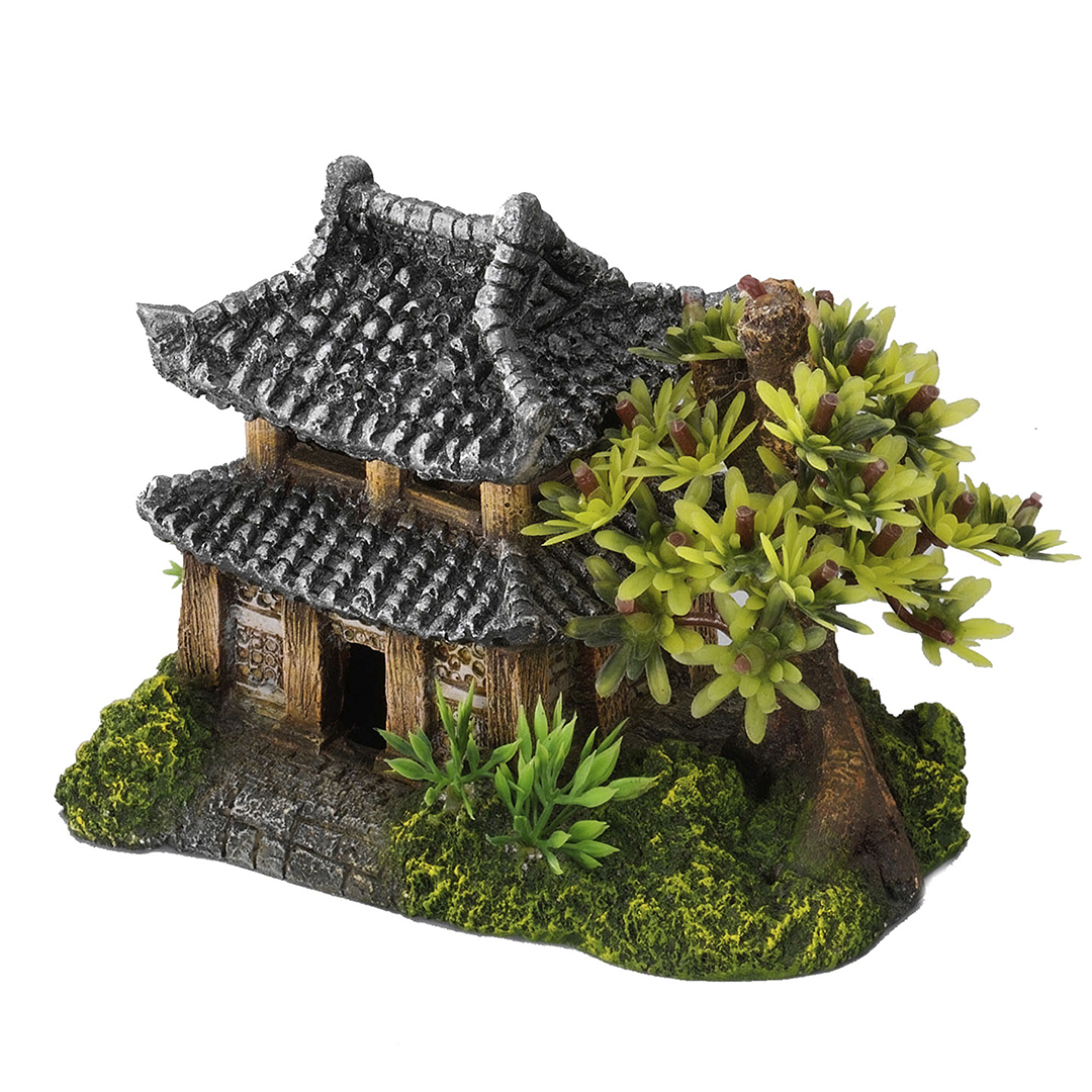 Acvaristica si teraristica - Decor Casa Asiatica cu Plante, 14 x 9 x 10 cm