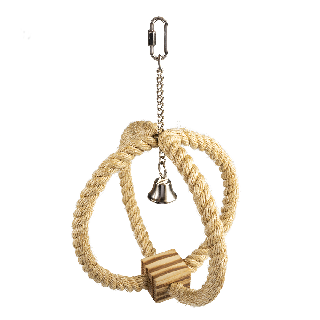 Petshop - Jucarie pentru Pasari, Coarda din Sisal cu Cub de Lemn si Clopotel, 33 x 22 x 22 cm