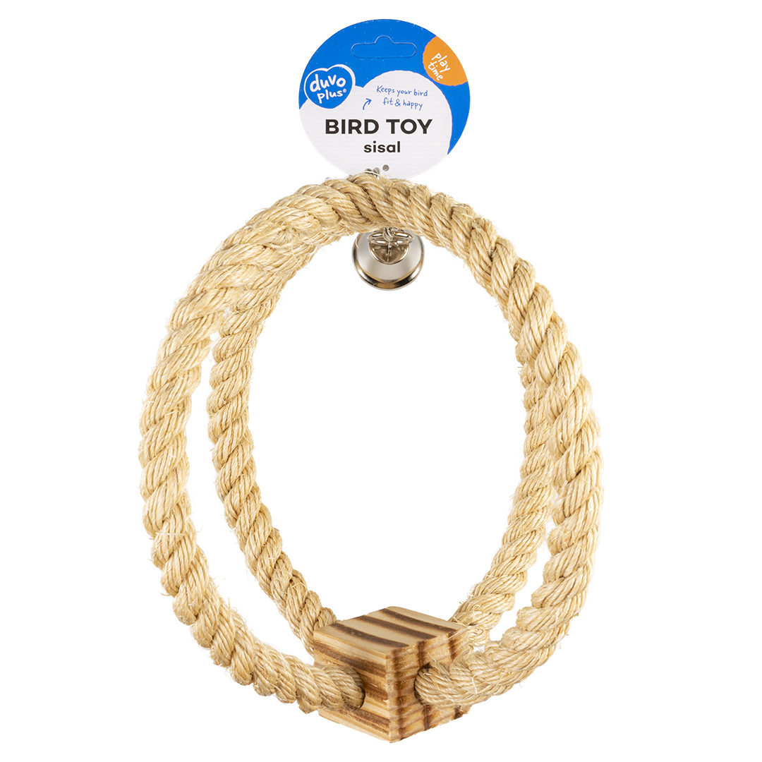 Jucarie pentru Pasari, Coarda din Sisal cu Cub de Lemn si Clopotel, 33 x 22 x 22 cm [1]