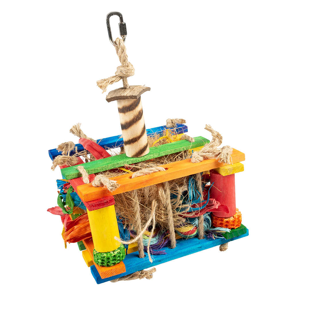 Petshop - Jucarie pentru Pasari, Cutie de Lemn cu Sisal si Nuca de Cocos, Multicolor, 18 x 18 x 28 cm