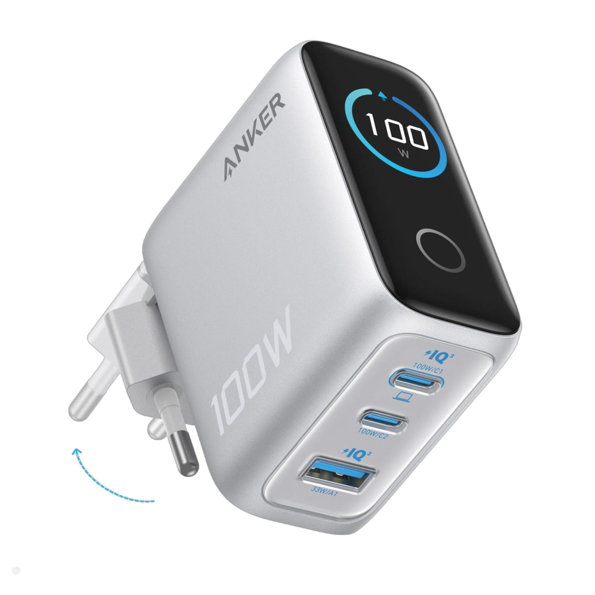 Incarcatoare retea - Incarcator retea Anker 100W, 2x USB-C, 1x USB-A, Smart-Display, Argintiu