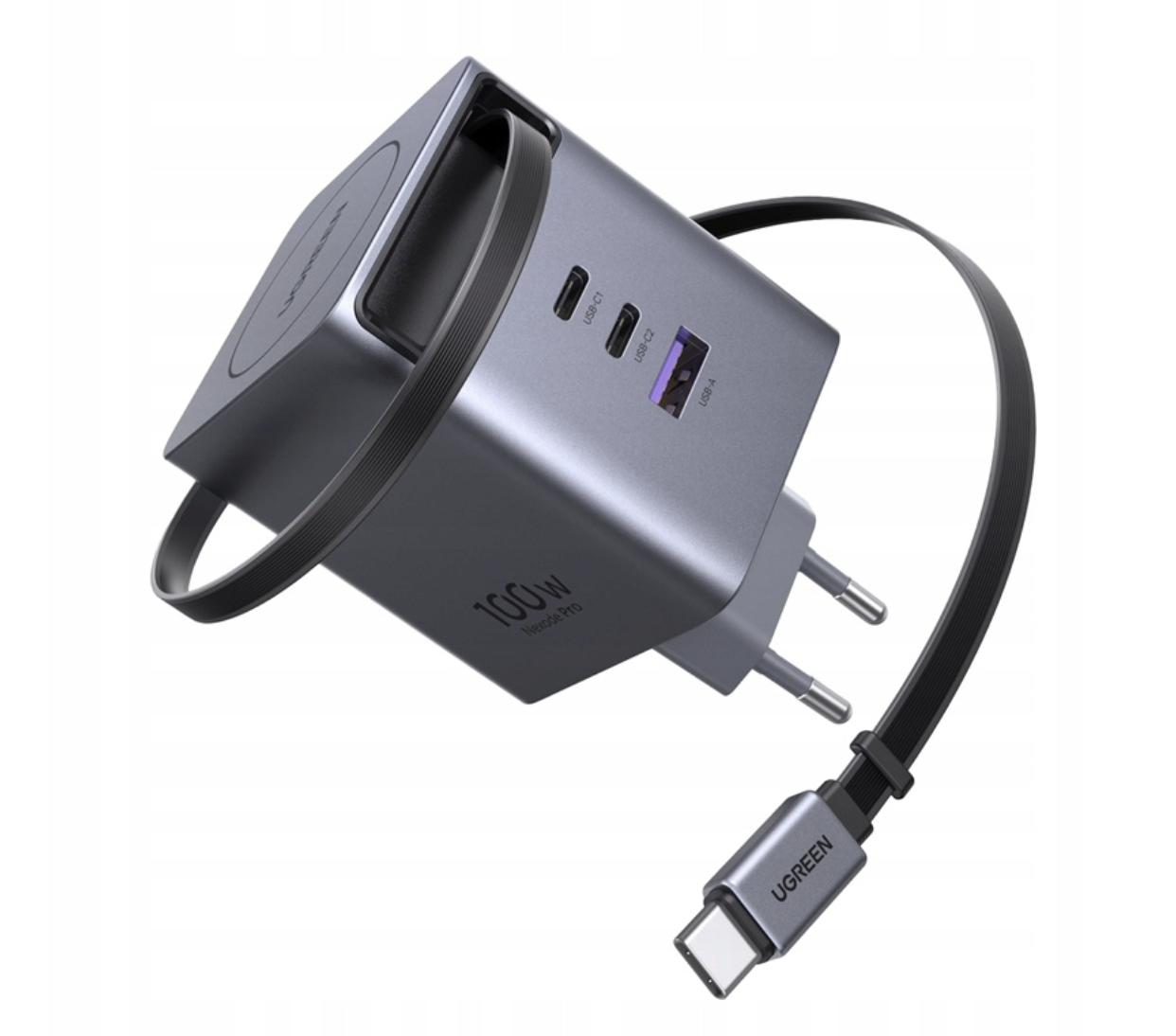 Laptop, Tablete & Telefoane - Incarcator retea Ugreen GaN Fast Charger 100W + cablu retractabil Gri