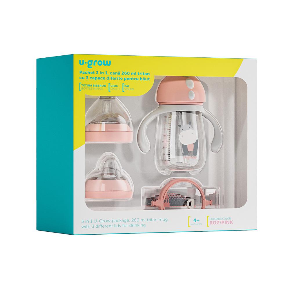 Hrana & accesorii hranire bebelusi - Pachet 3 in 1 cana 260 ml, roz, U-Grow
