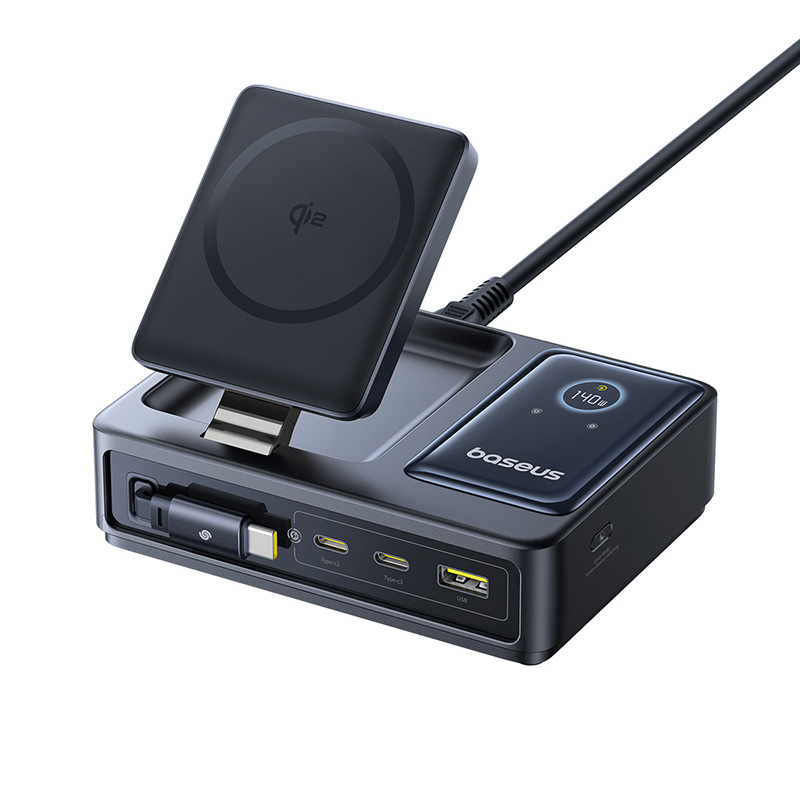 Laptop, Tablete & Telefoane - Statie incarcare Baseus Nomos 5in1 Desktop Charger Qi2 140W Wireless Display Digital Negru
