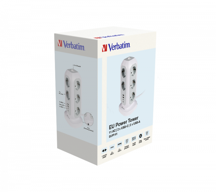 Extensie multi-plug EU Verbatim EUPT-01, 11 prize AC, 2 x USB-C, 2 x USB-A [7]