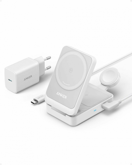 Incarcator wireless magnetic Anker MagGo 3-in-1, 15W, Alb [1]
