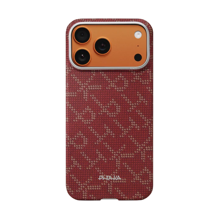 Accesorii telefoane mobile - Husa Pitaka pentru iPhone 17 Pro Max, Ultra-Slim, PitaTap™, Monogram-Gold/Red