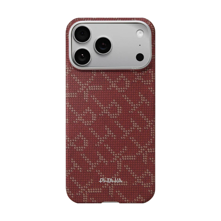 Laptop, Tablete & Telefoane - Husa Pitaka pentru iPhone 17 Pro, Ultra-Slim, PitaTap™, Monogram-Gold/Red