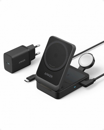 Laptop, Tablete & Telefoane - Incarcator wireless magnetic Anker MagGo 3-in-1, 15W, Negru