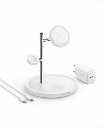 Laptop, Tablete & Telefoane - Incarcator wireless magnetic Anker MagGo 3in1, 15W, Qi2, Alb