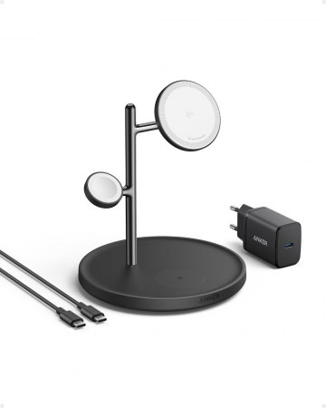 Laptop, Tablete & Telefoane - Incarcator wireless magnetic Anker MagGo 3in1, 15W, Negru