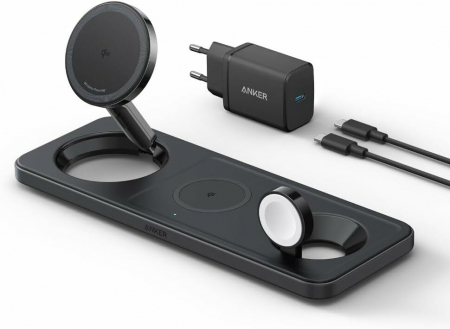 Laptop, Tablete & Telefoane - Incarcator wireless pliabil Anker MagGo 3in1 Stand, Qi2, Negru