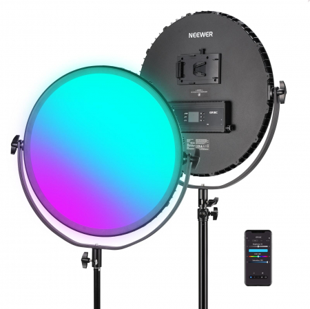 Lampi LED pentru studio - Lampa video LED RBG rotunda Neewer GR18C 65W