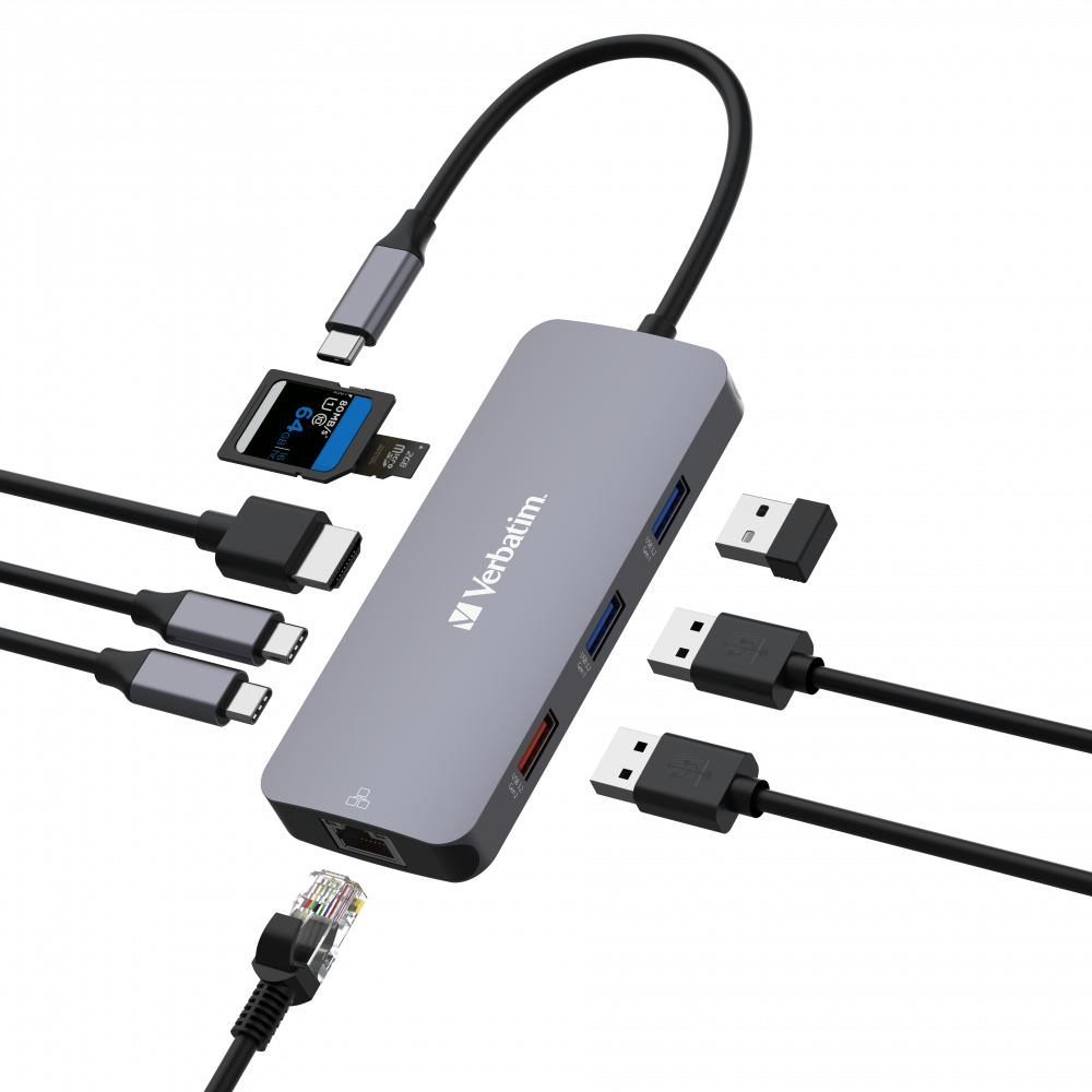 Product Image for Hub Multiport Verbatim USB-C Pro, 9 porturi, HDMI, RJ45, 2xUSB-C, 3xUSB-A, SD, microSD