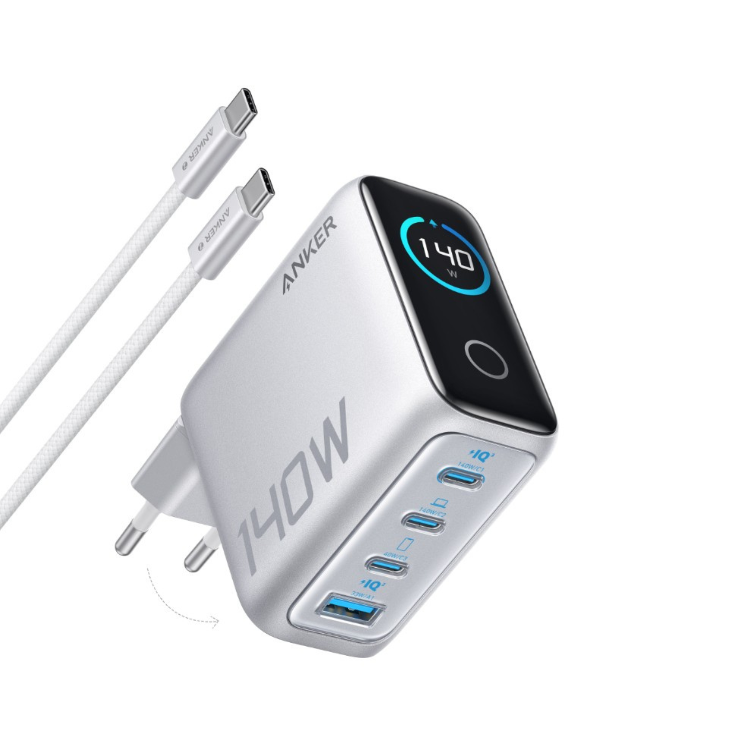 Product Image for Incarcator de retea Anker Zolo 140W, Digital Display, 3x USB-C, 1x USB-A, PD 3.1, cablu USB-C inclus, Argintiu