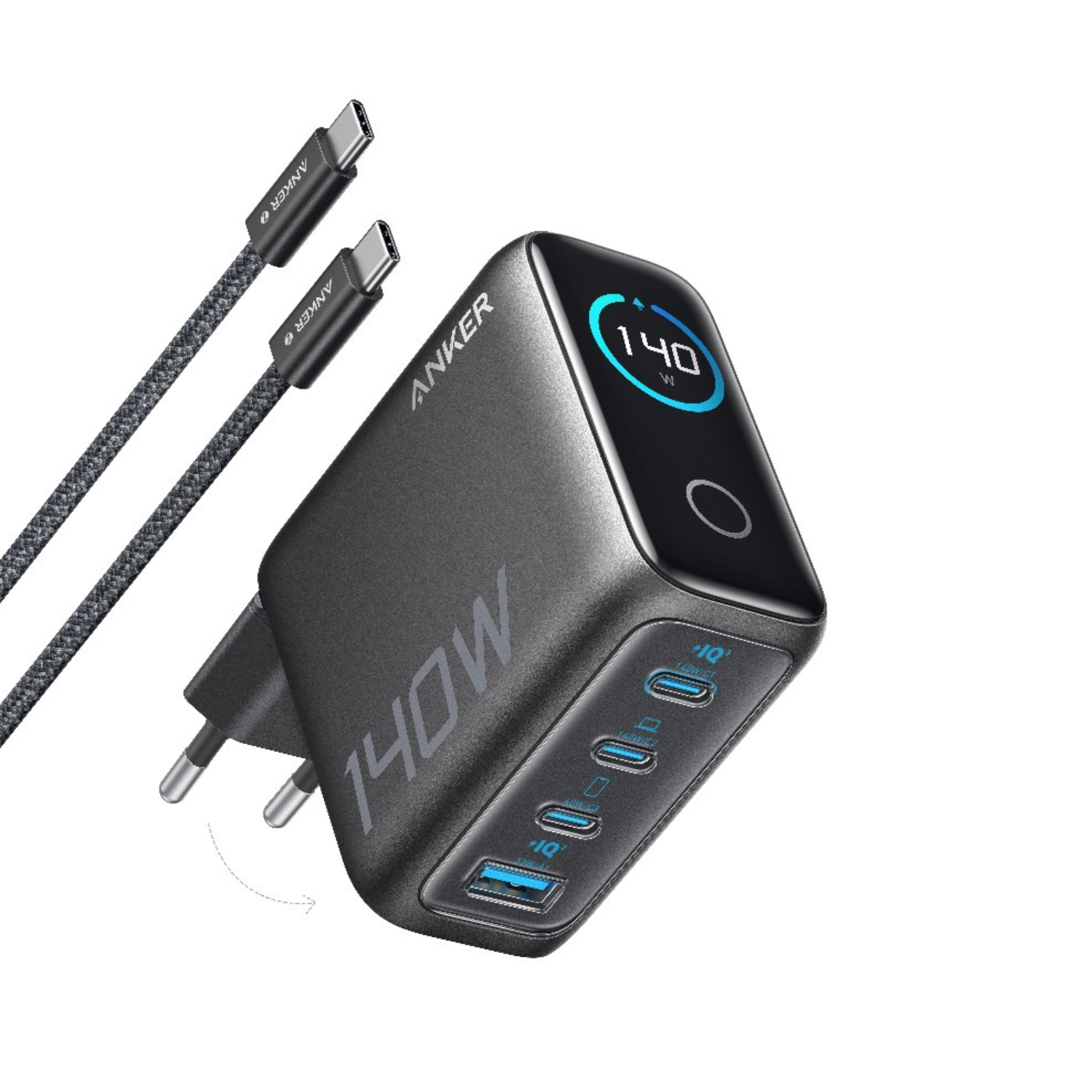 Product Image for Incarcator de retea Anker Zolo 140W, Digital Display, 3x USB-C, 1x USB-A, PD 3.1, cablu USB-C inclus, Negru