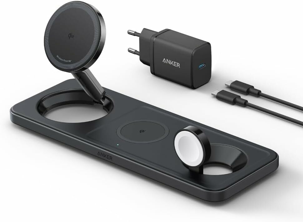 Product Image for Incarcator wireless pliabil Anker MagGo 3in1 Stand, Qi2, pentru iPhone 15 14 13 12, AirPods, Apple Watch, cu incarcator si cablu USB-C inclus, Negru