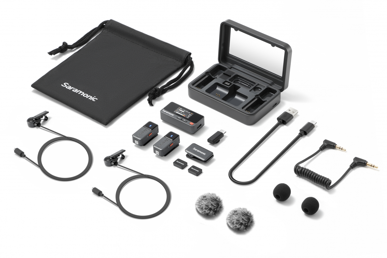 Product Image for Kit linie wireless Saramonic Air, 2x microfon, 1x receptor, 2x lavaliere, Wireless, Type-C, 3.5mm TRS, carcasa incarcare