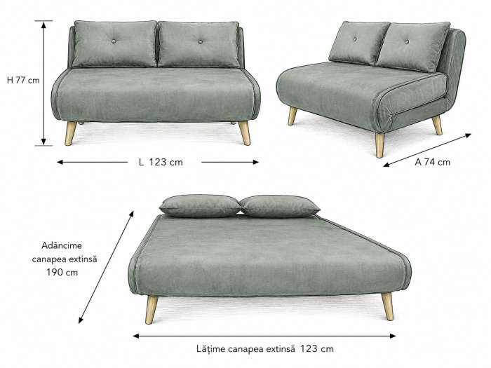 Canapea Extensibila 123x77x190 cm Catifea Light Grey [6]