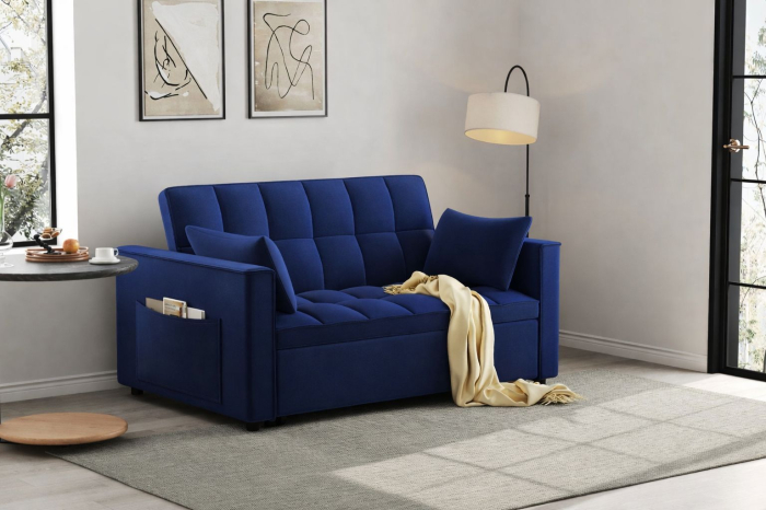 Canapea extensibila 2 locuri 140x77x85 cm Tapitata Catifea Albastra Model One [2]