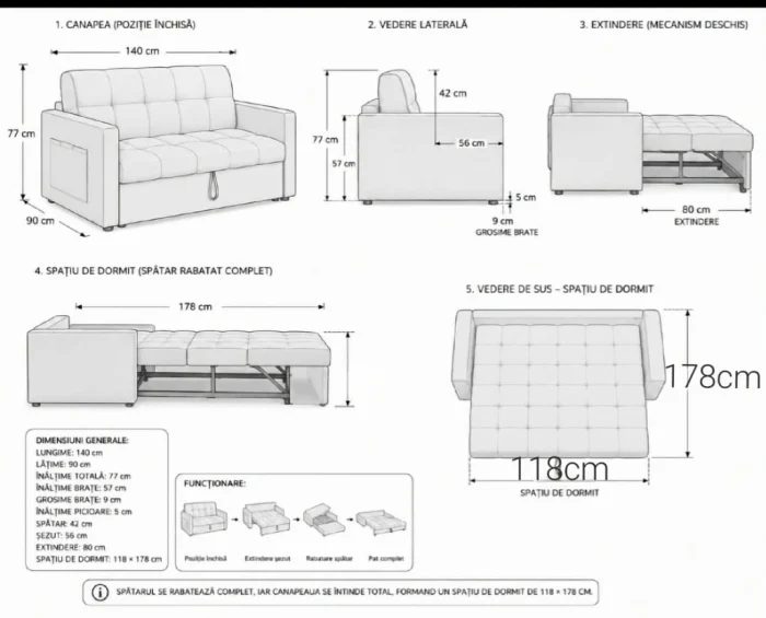 Canapea extensibila 2 locuri 140x77x90 cm Tapitata Stofa Bej Model One [9]