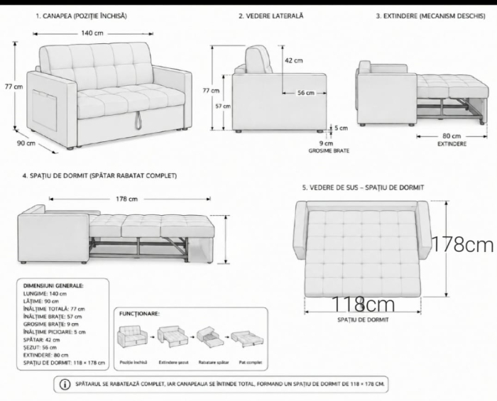 Canapea extensibila 2 locuri 140x77x90 cm Tapitata Stofa Roz Model One (cod:25085) [5]