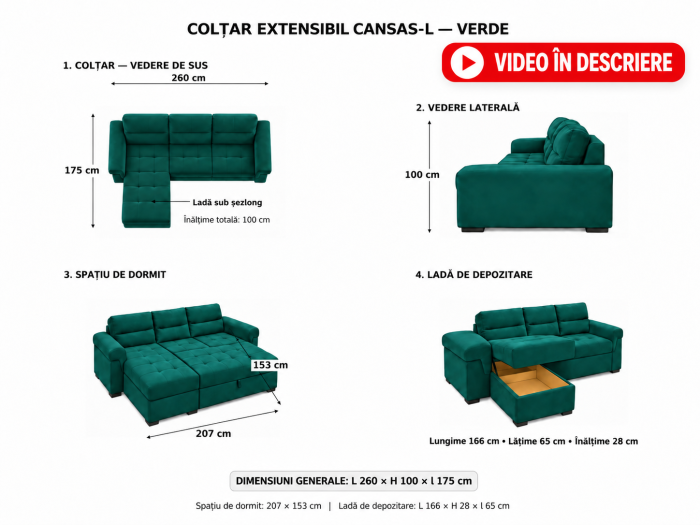 Coltar Cansas-L 260x100x175 cm Lada Depozitare Tapitat Catifea Nuanta Verde [8]