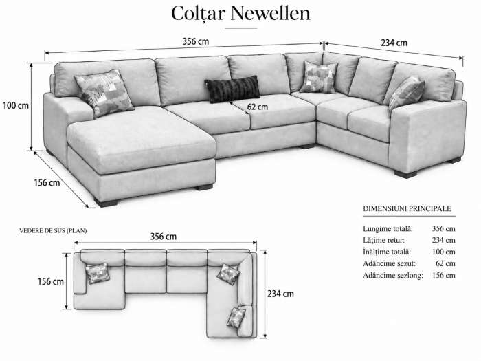 Coltar Newellen Tapitat Stofa Maro Deschis L:356 X H: 100 X l: 234 cm [6]