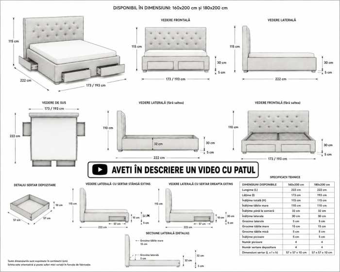 Pat 160x200 cm Sunday Gri cu 4 sertare Tapitat Catifea Somiera Inclusa [6]
