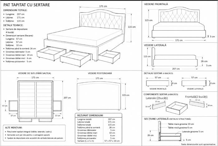 Pat Terasino cu sertare 160x200 cm Tapitat Catifea Bej [9]