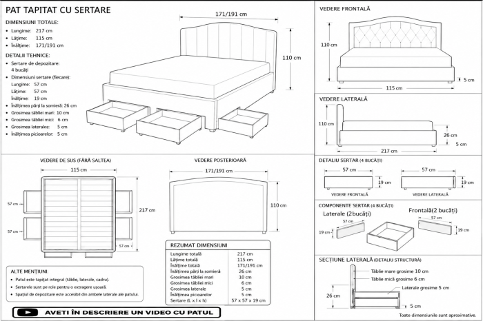 Pat Terasino cu 4 sertare 160x200 cm Tapitat Catifea Gri [5]