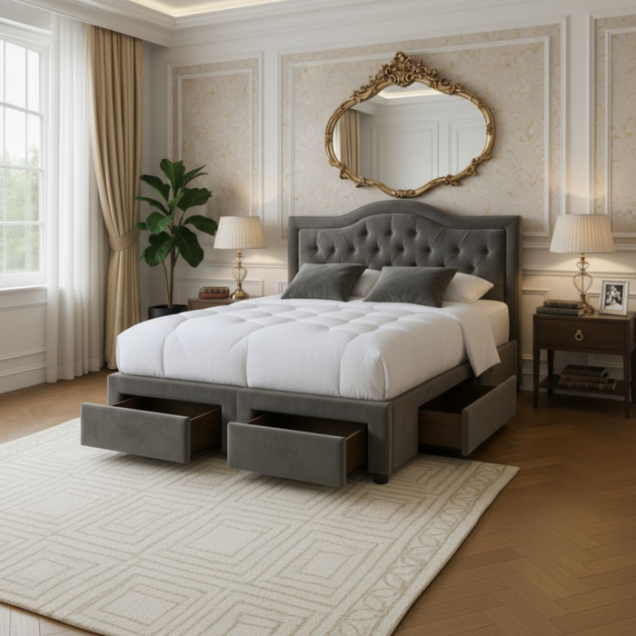 Pat Terasino cu 4 sertare 180x200 cm Tapitat Catifea Gri [1]