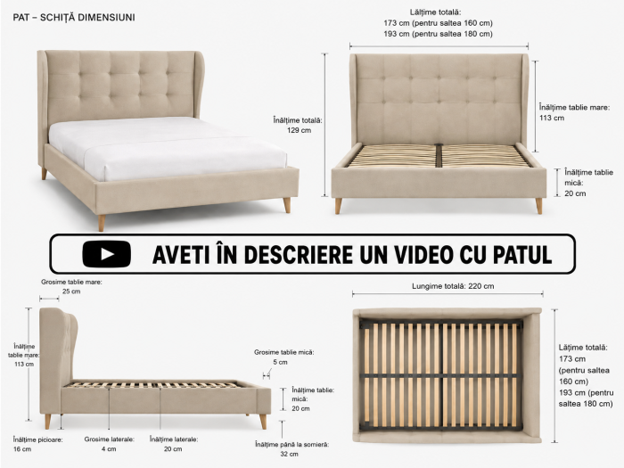 Pat Almera 160x200 cm Tapitat Catifea Bej Somiera Inclusa [10]