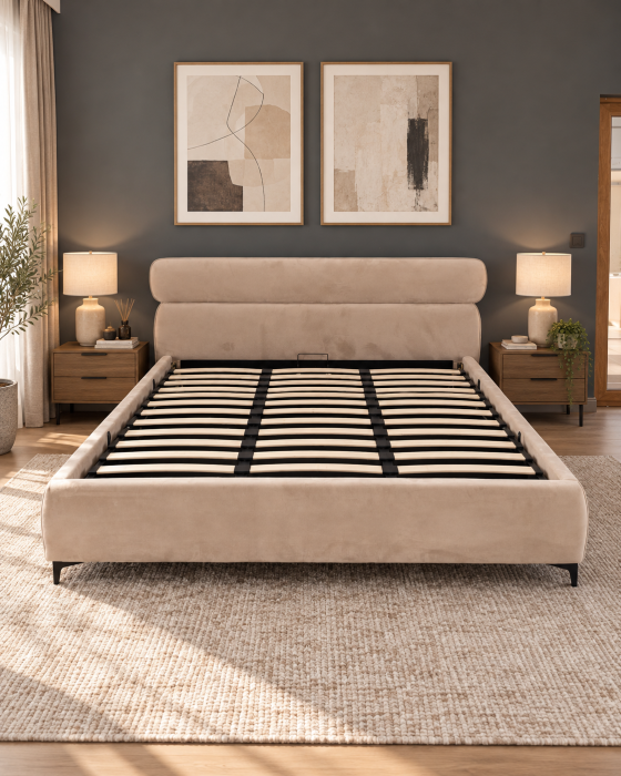 Pat Arena 180x200 cm Lada de Depozitare Tapitat Catifea Bej Somiera Inclusa (cod ML2603-01) [3]