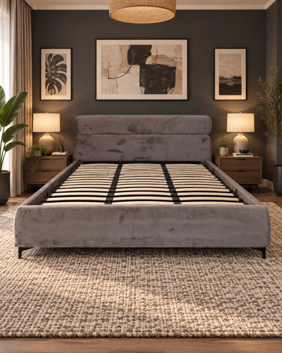 Pat Arena 180x200 cm Lada de Depozitare Tapitat Catifea Gri Somiera Inclusa (cod ML2603-04) [2]