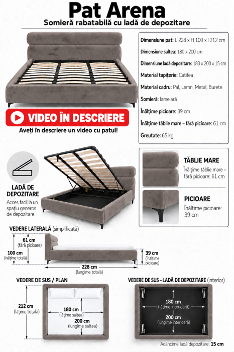 Pat Arena 180x200 cm Lada de Depozitare Tapitat Catifea Gri Somiera Inclusa (cod ML2603-04) [15]