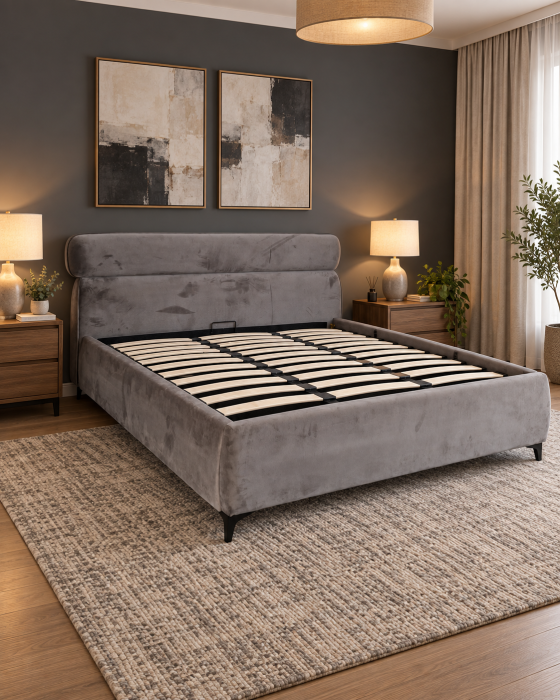 Pat Arena 180x200 cm Lada de Depozitare Tapitat Catifea Gri Somiera Inclusa (cod ML2603-04) [5]