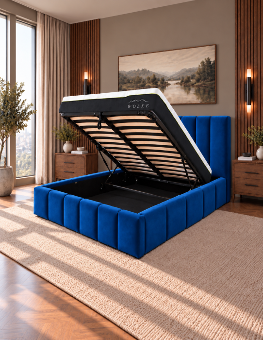 Pat Bavaria 160x200 cu Lada de Depozitare Tapitat Catifea Gri Somiera Inclusa [2]