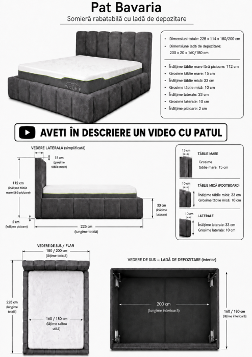 Pat Bavaria 180x200 cu Lada de Depozitare Tapitat Catifea VerdeSomiera Inclusa [9]
