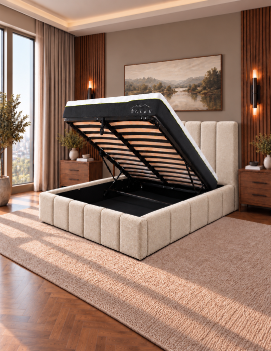 Pat Bavaria 180x200 cu Lada de Depozitare Tapitat Stofa Gri Somiera Inclusa [2]