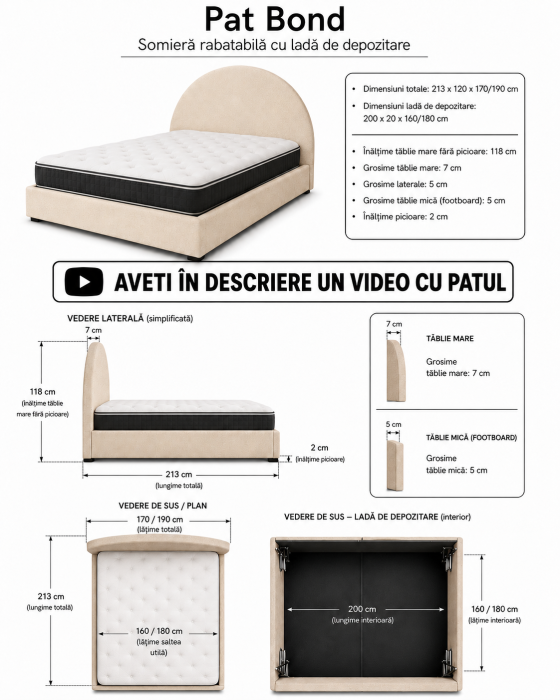 Pat Bond Lada Depozitare 160x200 cm Tapitat Velvet Stripe Bej Somiera Inclusa MB33 [6]