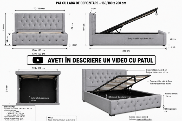 Pat Bravo 160x200 cm Lada Depozitare Tapitat Catifea Gri Somiera Inclusa [4]