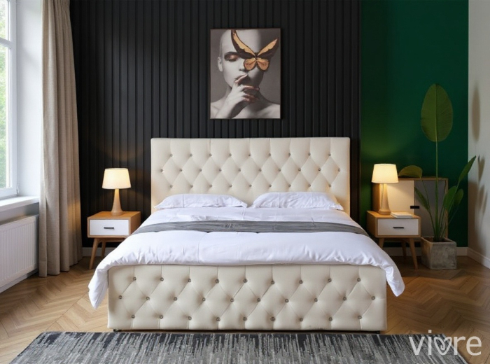 Pat Bravo 160x200 cm Lada Depozitare Tapitat Crem Somiera inclusa [5]