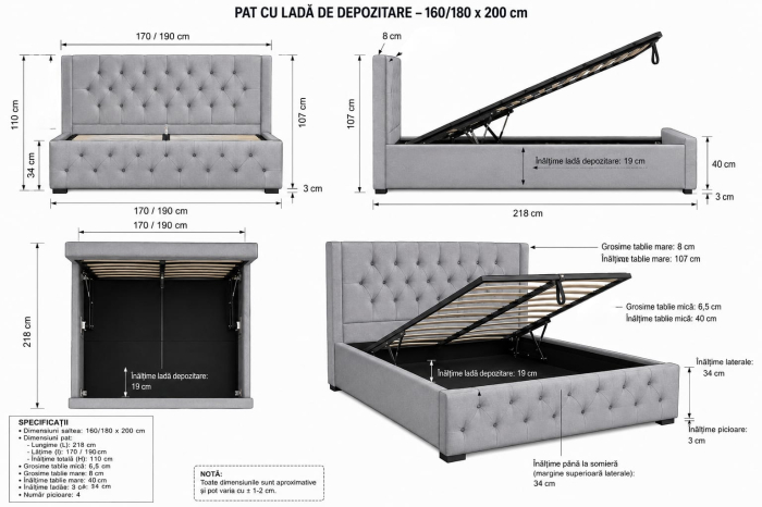 Pat Bravo 180x200 cm Lada Depozitare Tapitat Catifea Gri Somiera Inclusa [10]