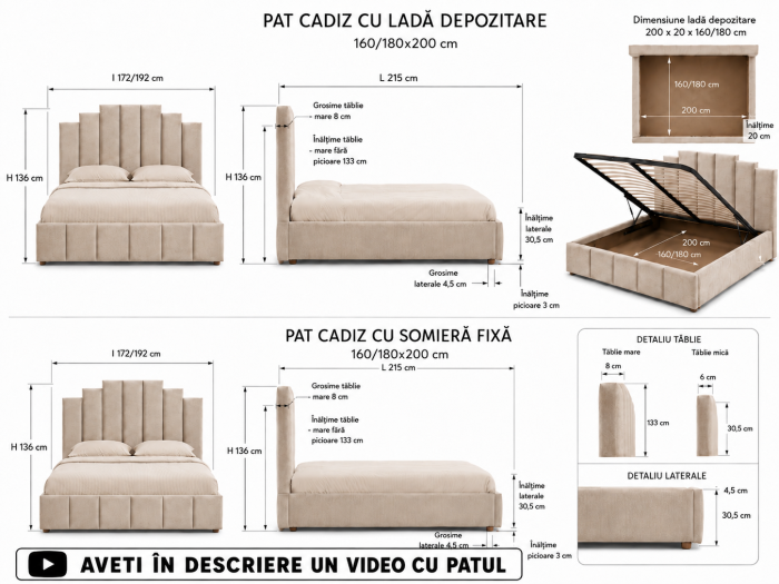 Pat Cadiz 160x200 cm Lada Depozitare Tapitat Catifea Bej [7]