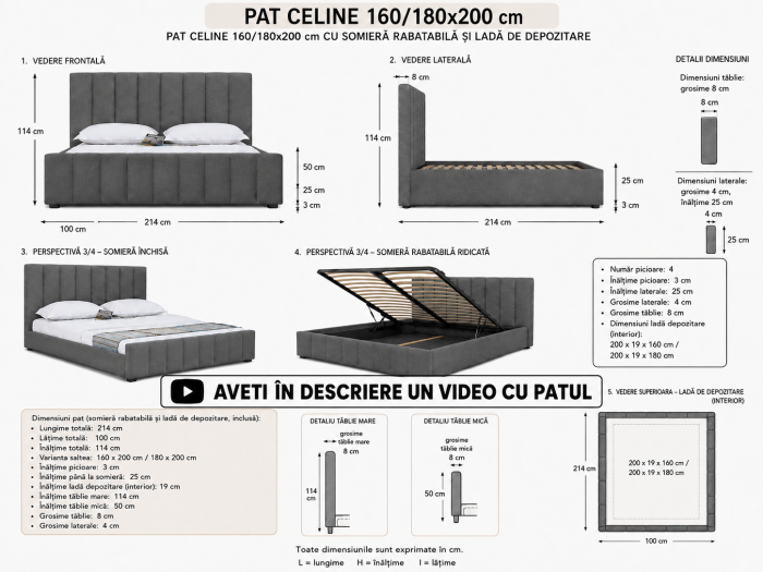 Pat Celine 180x200 cm Lada Depozitare Tapitat Catifea Nuanta Ivory Somiera Inclusa MB32 [6]