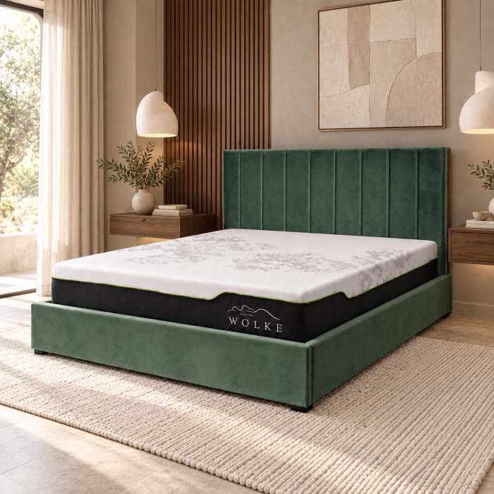Pat Celine 180x200 cm Lada Depozitare Tapitat Catifea Nuanta Verde Somiera Inclusa MB32 [2]