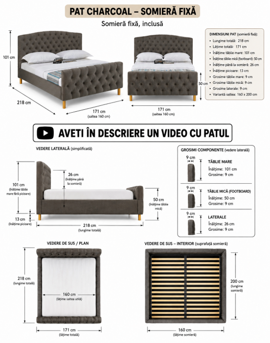 Pat Charcoal 160x200 cm Tapitat Catifea Gri Somiera Inclusa (cod ML 1707) [6]
