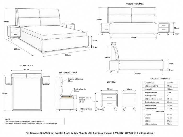 Pat Convers 160x200 cm Tapitat Stofa Teddy Nuanta Alb Somiera Inclusa ( ML1612- UF998-01) + 2 noptiere [7]